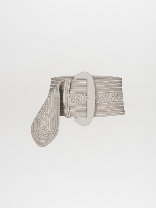 Close-up of the Chenoa Belt Gray, featuring a wide, light gray band with a textured rayon knit-effect and an oval belt buckle, set against a plain background.