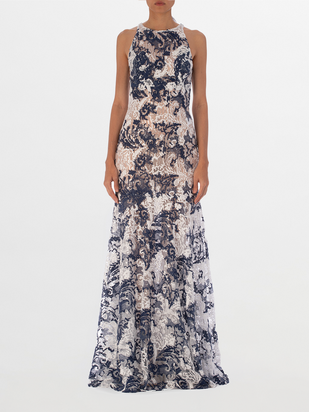 Chenoa Dress Navy White Embroidery displayed against a white background.