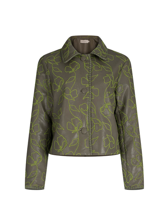 Columba Jacket Forest Green ecoleather bomber jacket with a leaf pattern and contrasting embroidery thread, displayed on a plain background.
