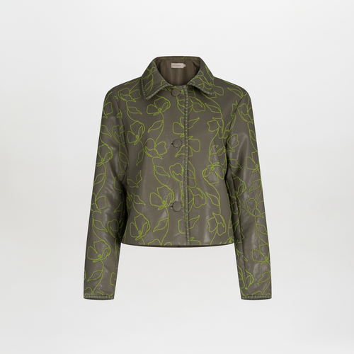 Explore the Columba Jacket in Forest Green, crafted from embroidered ecoleather. It showcases lime green floral embroidery, a chic collar, a button-down front, and long sleeves for an elegant mix of classic style with striking embroidery.