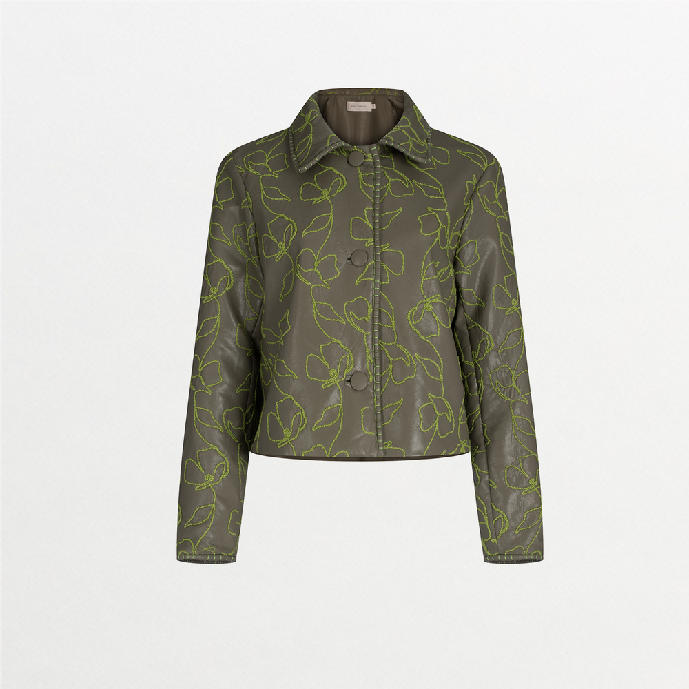 Explore the Columba Jacket in Forest Green, crafted from embroidered ecoleather. It showcases lime green floral embroidery, a chic collar, a button-down front, and long sleeves for an elegant mix of classic style with striking embroidery.