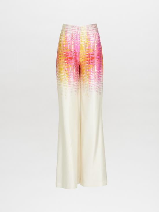 A silk Como Pant White Digital with an abstract pattern in white and pink, perfect for Spring 2023.