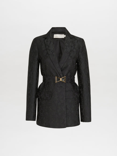 A structured Cuneo Jacket Black with a gold buckle detail.