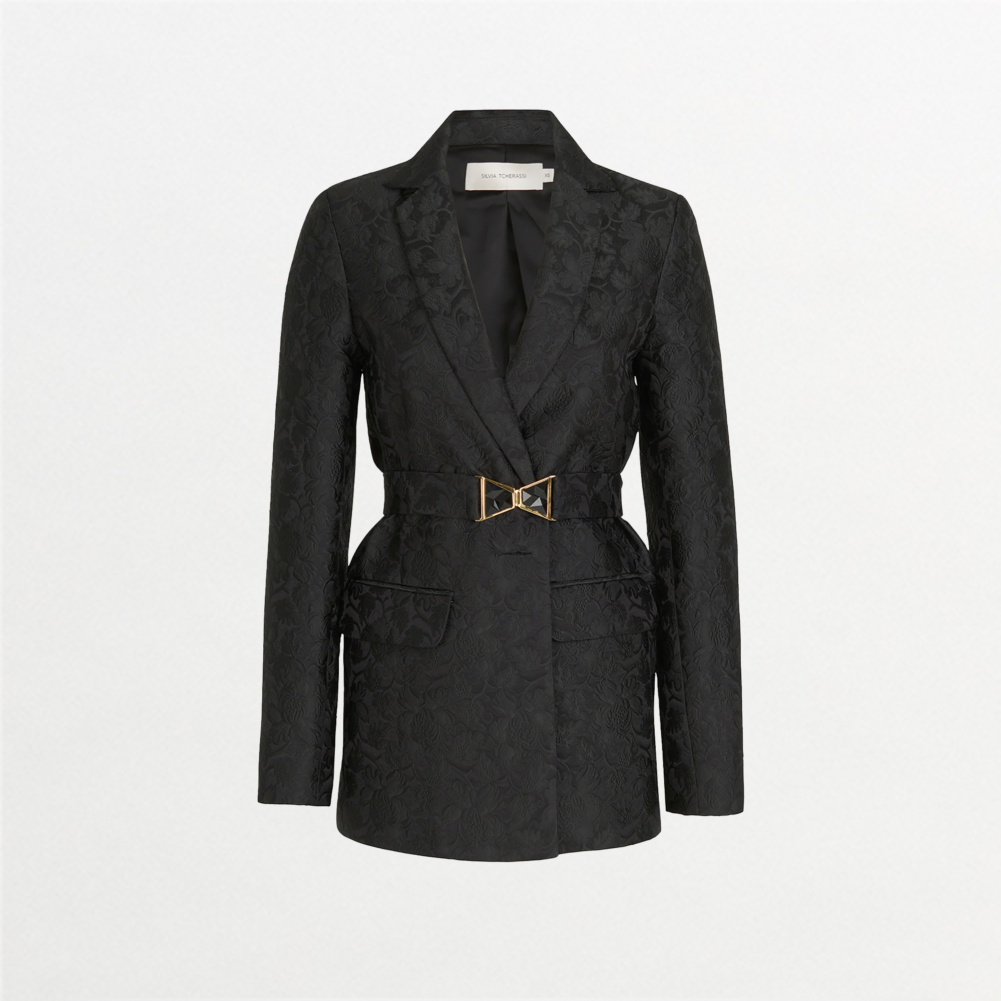 A structured Cuneo Jacket Black with a gold buckle detail.