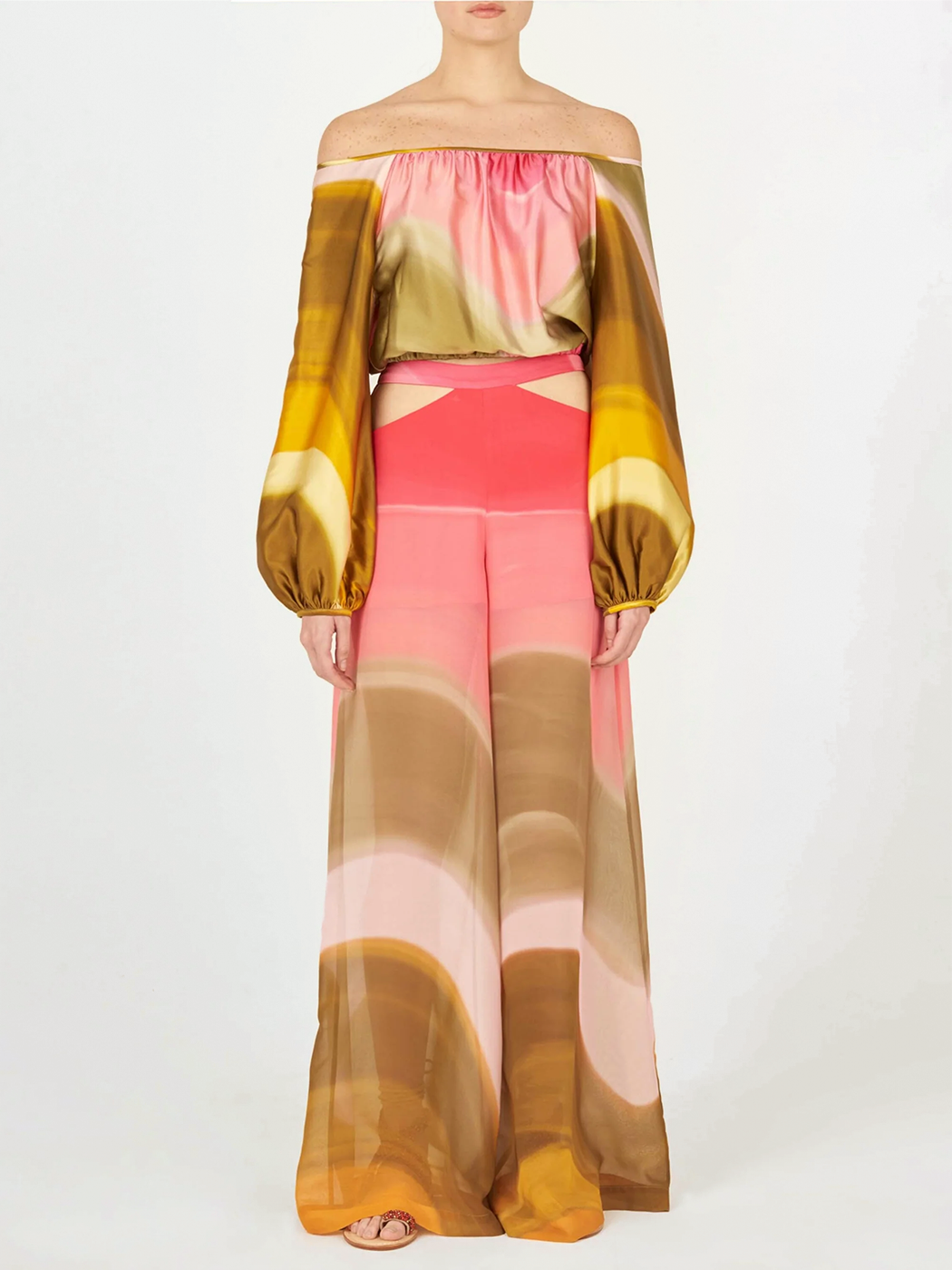 A Dariela Top Olive/Pink printed silk off the shoulder top.