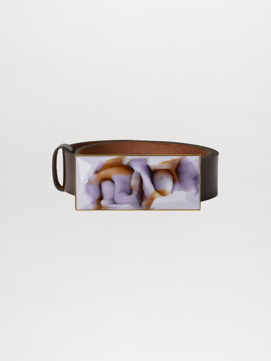 Introducing the Dora Belt Brown Purple Marble from the Spring 2023 Collection, this striking accessory will elevate your wardrobe. With its black leather design and a rectangular buckle adorned with an abstract pattern in purple and brown, it serves as the perfect statement piece for any fashion-forward ensemble.