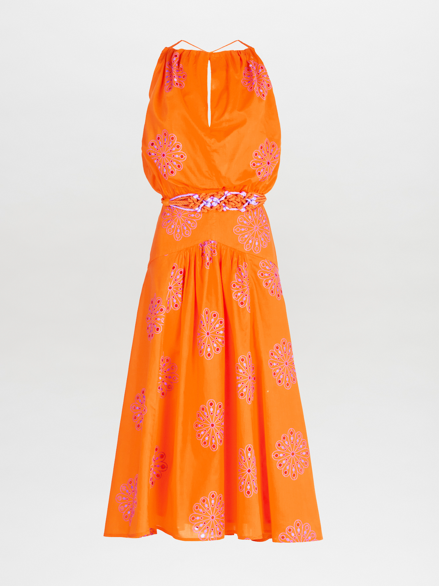 A Daila Dress Orange Lilac Embroidery with lilac-hued embroideries.