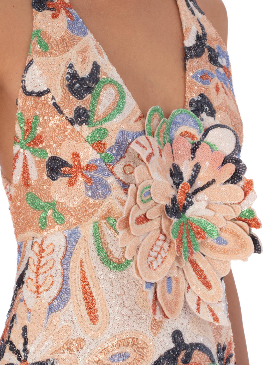 Sleeveless v-neck maxi Daira Dress Multi Pastel Sequins with a pastel floral print on a light peach background, featuring thin straps and a fitted silhouette.