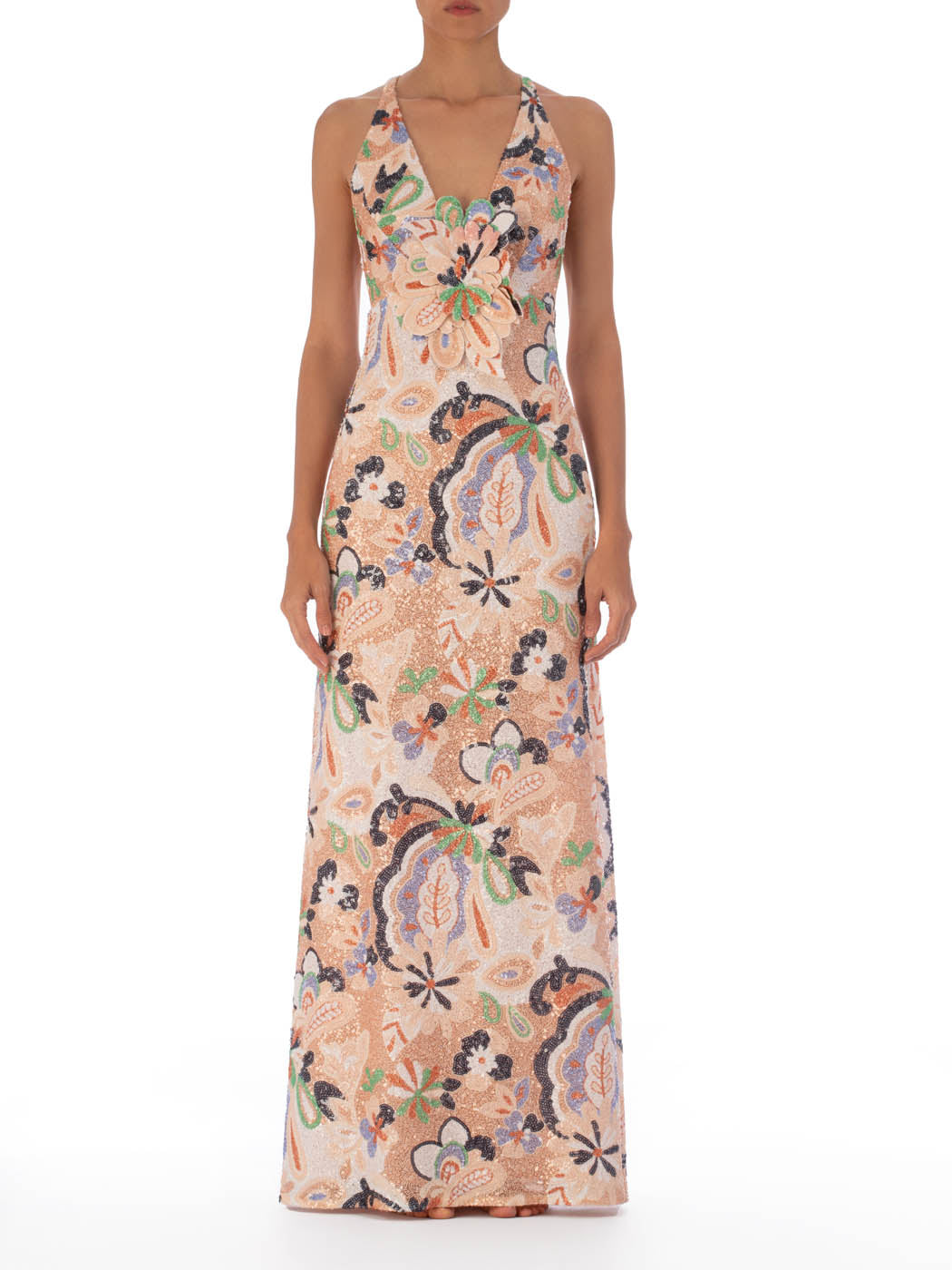 Sleeveless v-neck maxi Daira Dress Multi Pastel Sequins with a pastel floral print on a light peach background, featuring thin straps and a fitted silhouette.