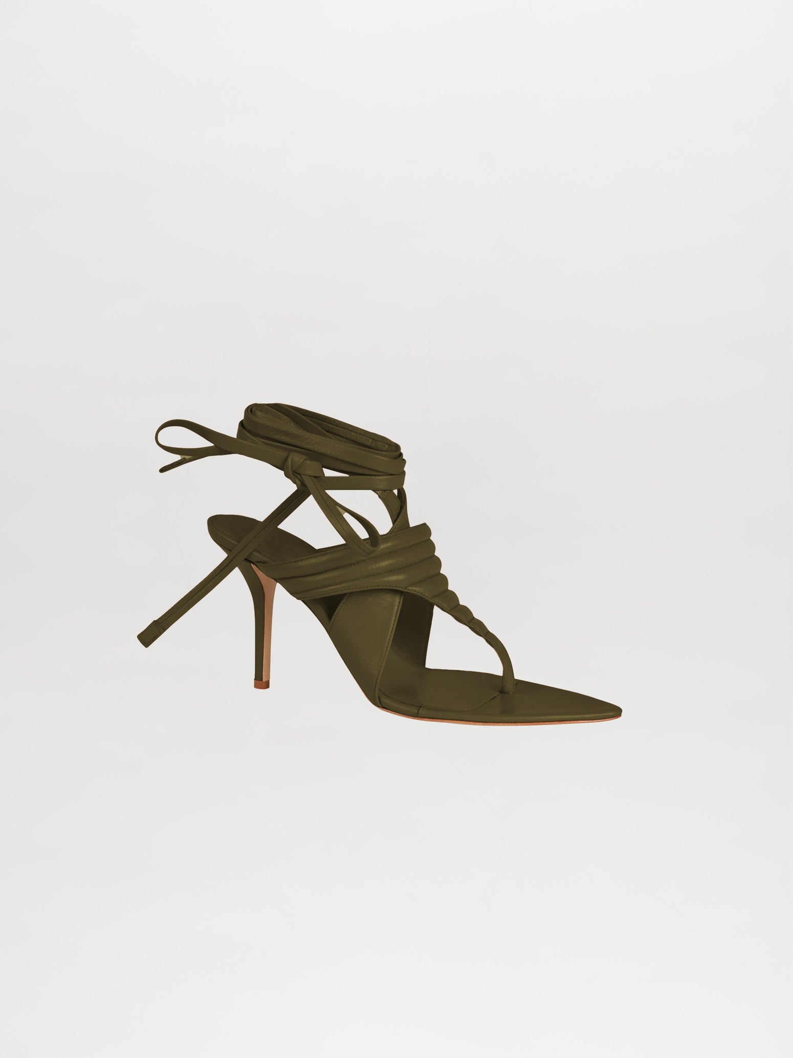 The Dalila Heels Olive, crafted from luxurious Italian calf leather, showcase strap detailing and ankle ties against a plain white background.