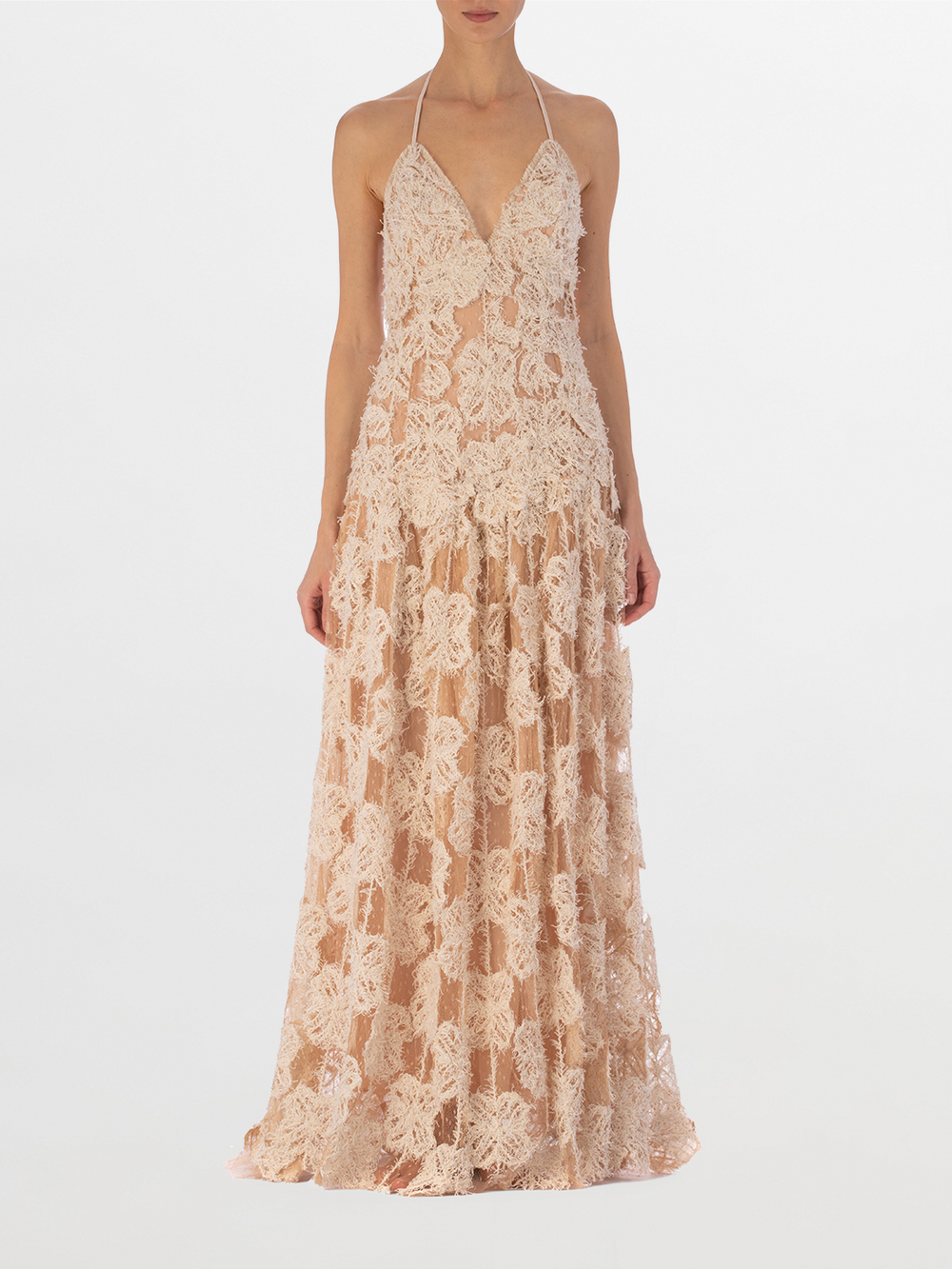 An elegant sleeveless halter deep V neckline Danae Dress Cream Flowers gown in a soft beige color, displayed against a white background.