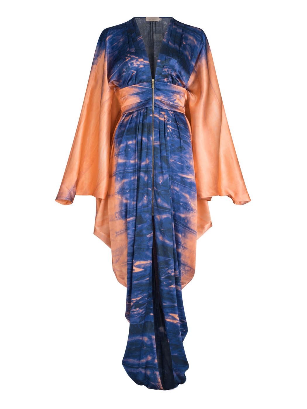 A long, flowing Danette Dress Mediterranean Coral Blue with blue and orange tie-dye patterns, displayed against a white background.