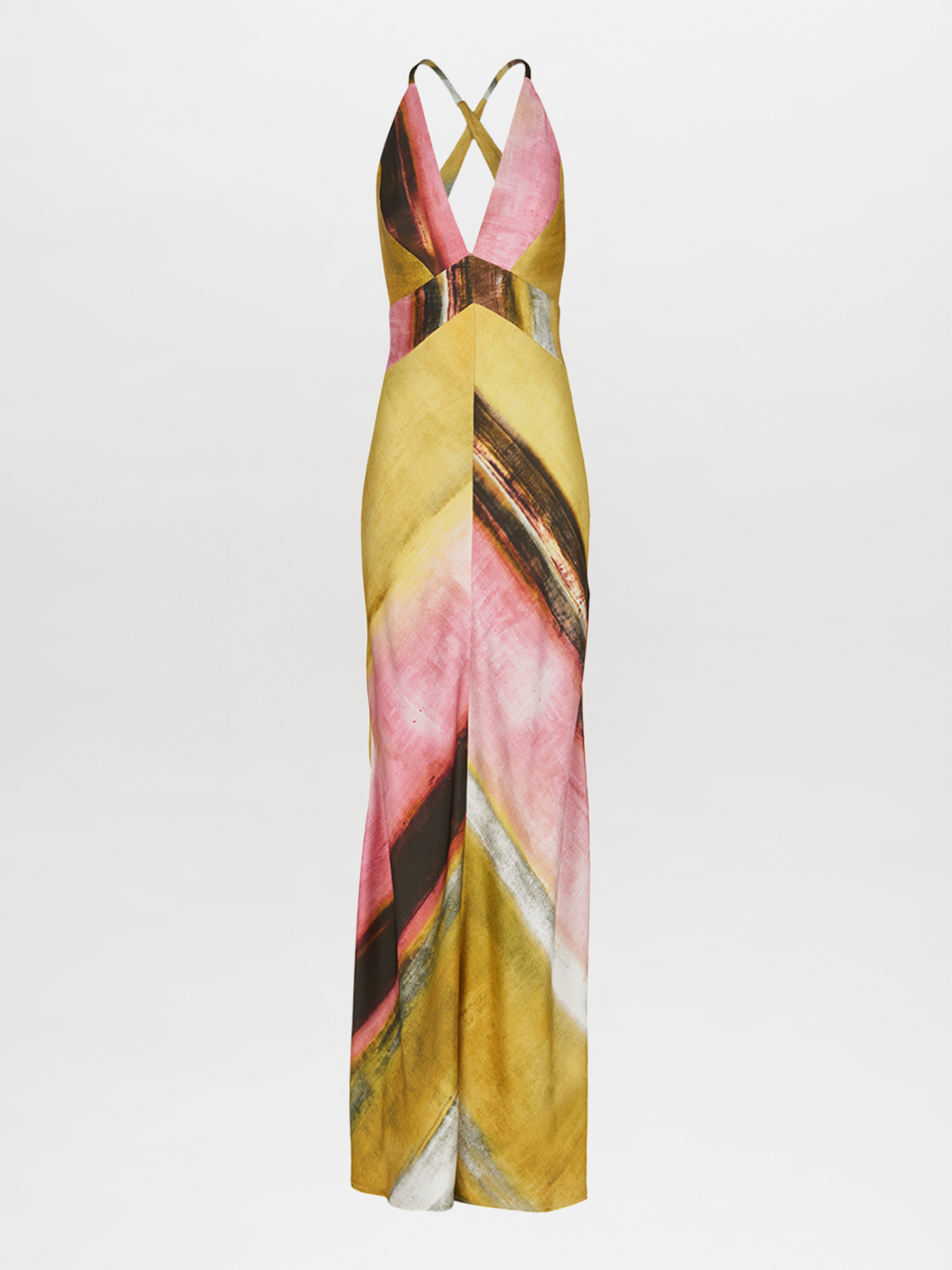 Introducing the Daniela Dress Canary Pink Stripes: an elegant, ankle-length creation made from luxurious crepe de silk fabric. This sleeveless masterpiece boasts a bold geometric pattern in canary pink stripes, yellow, and black, along with a V-neck and crisscross straps at the back.