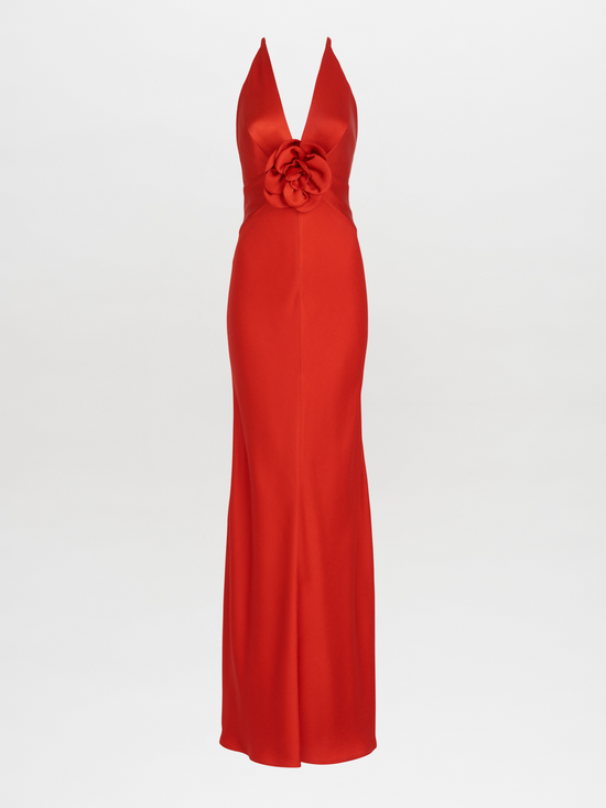 A Daniela Dress Rouge with a halter neck.