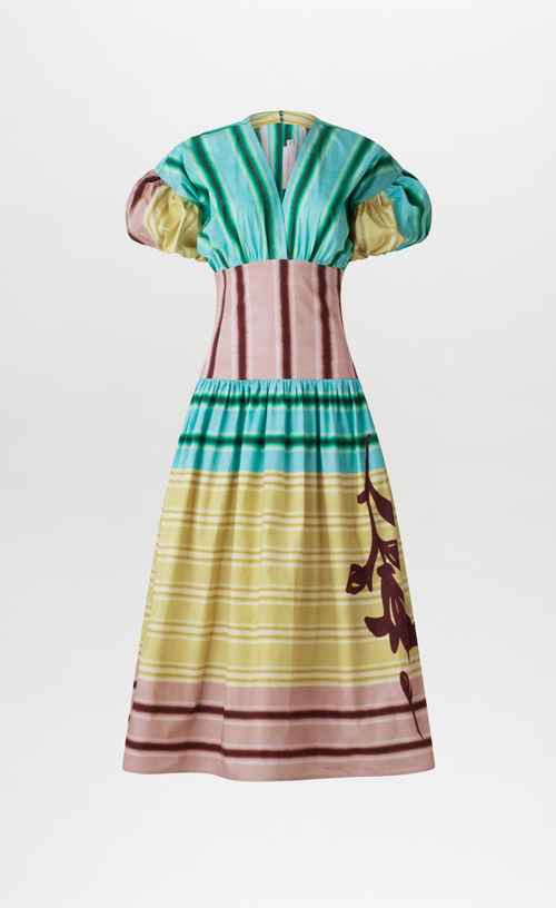 A Darice Dress Meadow View with puffed sleeves and a multicolor stripe pattern in shades of green, pink, and beige, featuring a floral design on the lower part, isolated on a white background.