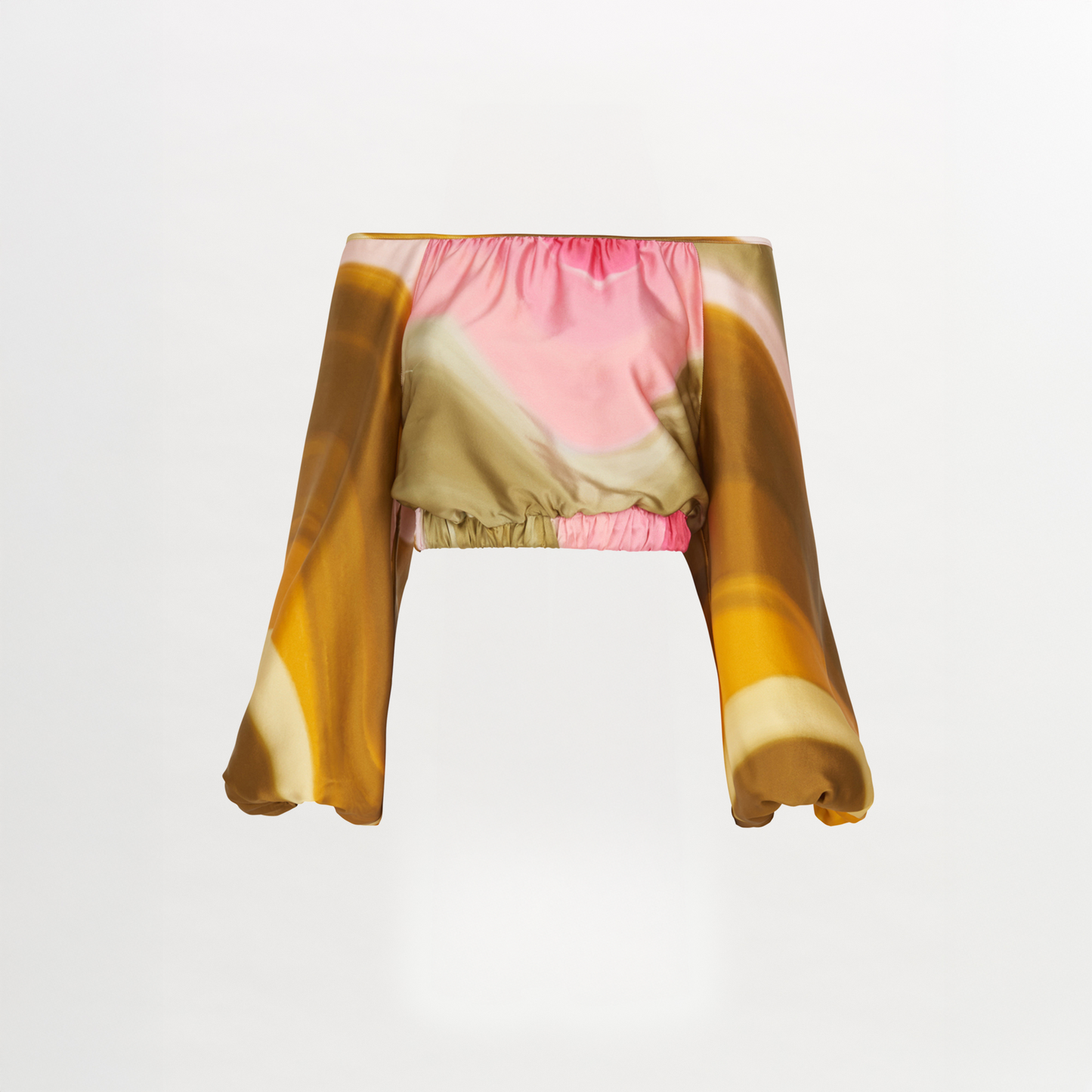 A Dariela Top Olive/Pink printed silk off the shoulder top.