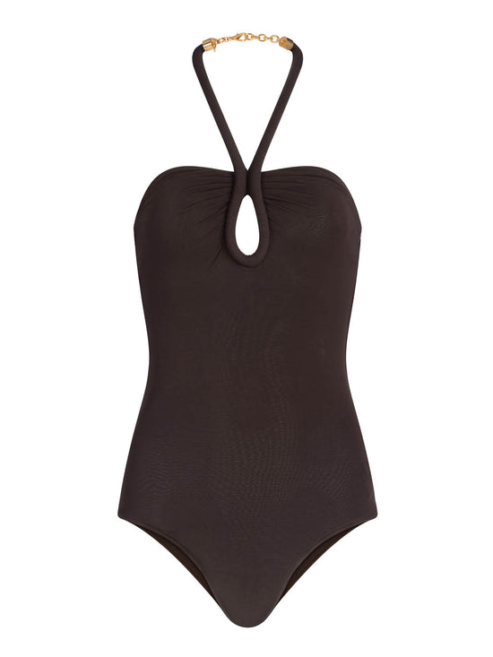 A black halter neckline Deka Bodysuit Brown with a keyhole neckline and metallic jewelry detail, displayed on a white background.