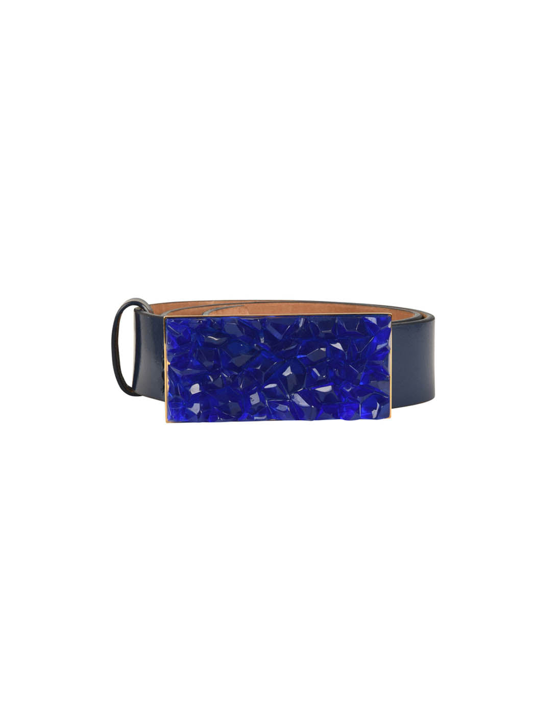 A Dora Belt Royal Blue with a large, rectangular blue gemstone buckle set on a black strap.