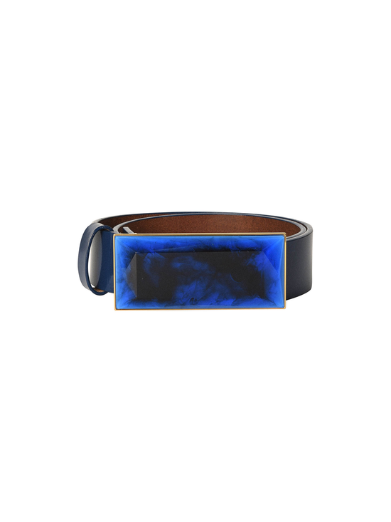 The Dora Belt Navy from the Fall 2022 Collection, this black statement piece features a rectangular buckle with a striking blue and black marbled design, epitomizing the bold elegance of Silvia Tcherassi.