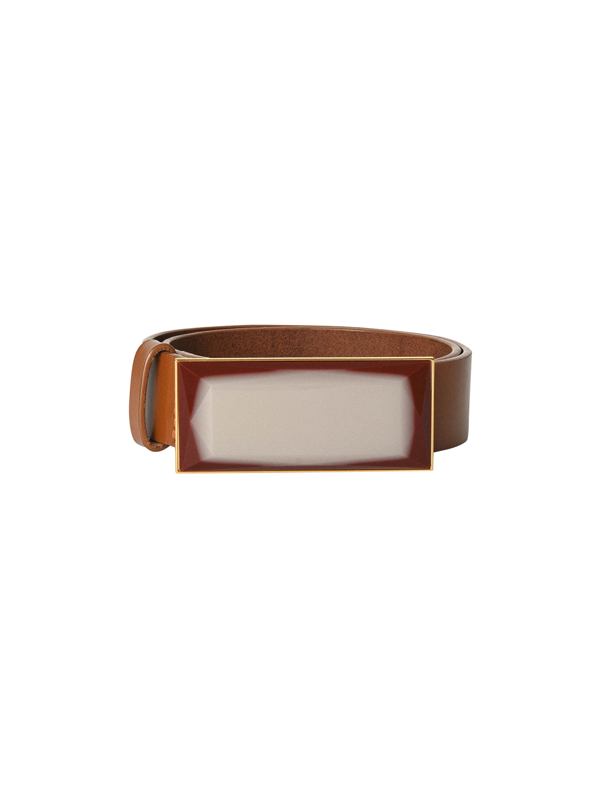 The Dora Belt Pearl by Silvia Tcherassi is a chic brown camel leather accessory with a rectangular buckle featuring a gold border and beige center.