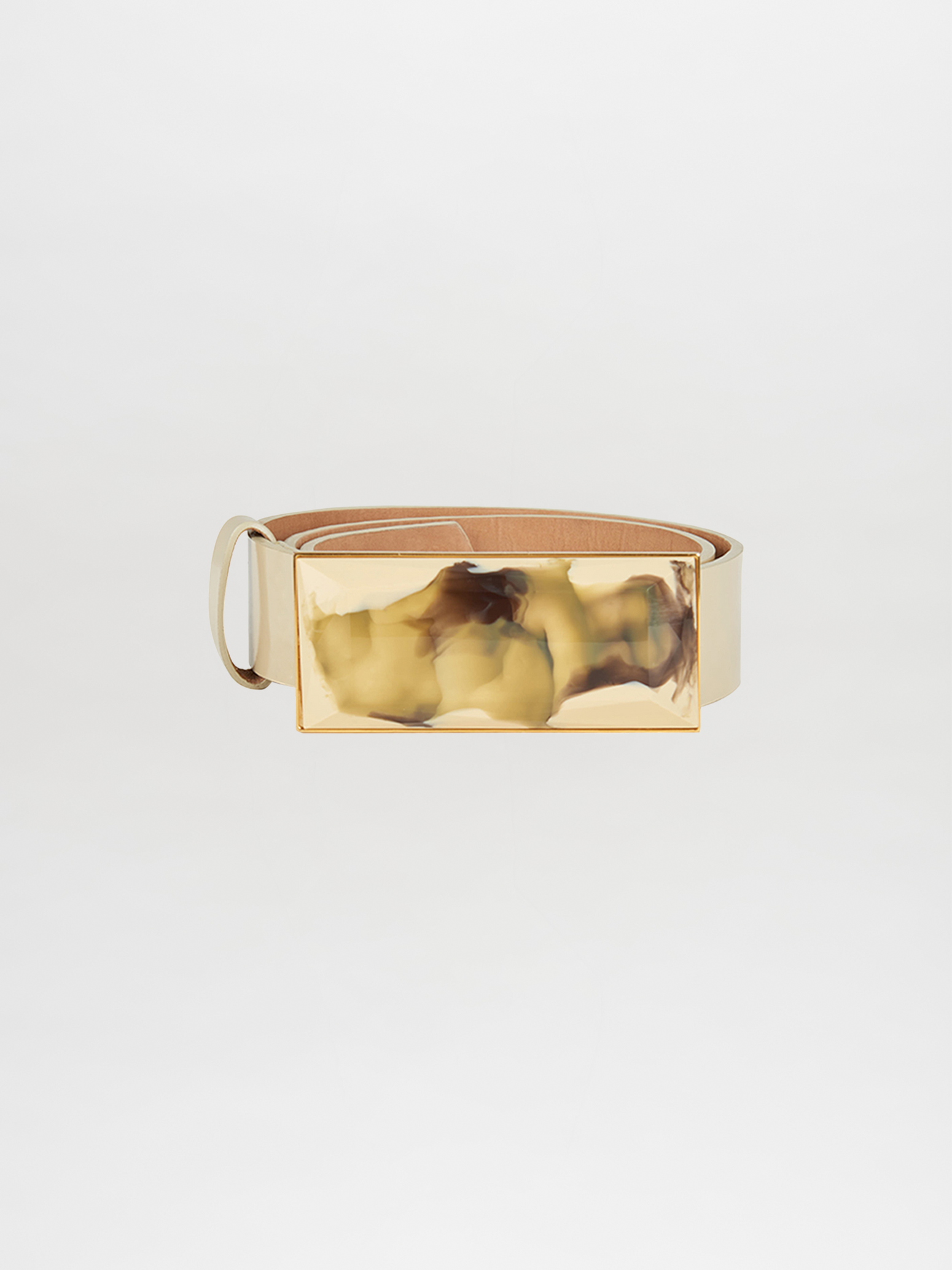 The Dora Belt Pastel Yellow from the Silvia Tcherassi Collection is a statement piece, featuring a brown leather strap with a rectangular, marbled beige and brown buckle.