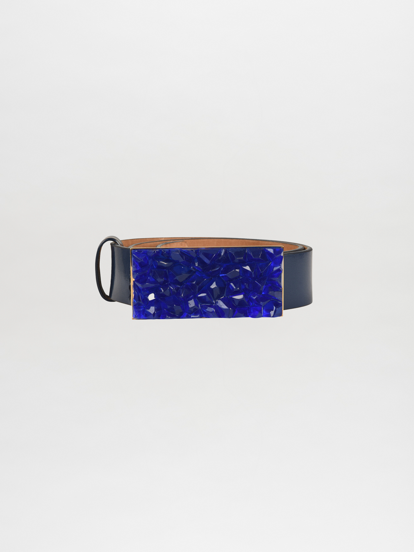 Dora Belt: A black leather accessory featuring a rectangular blue crystal-embellished buckle and an adjustable length, showcased on a plain background.