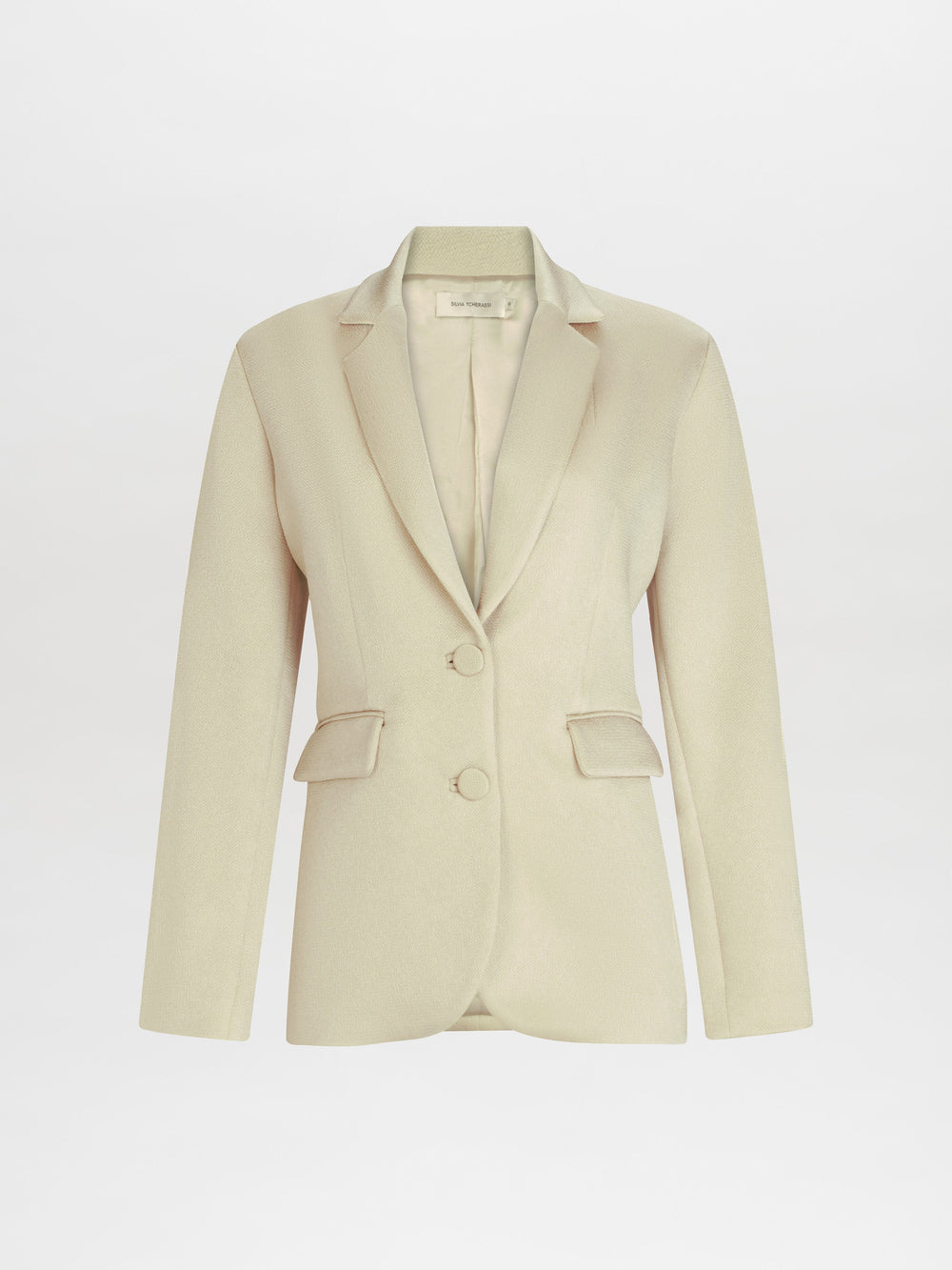 The Echo Jacket is a beige women's blazer with a tailored fit, featuring two front buttons and flap pockets, displayed against a plain white background.