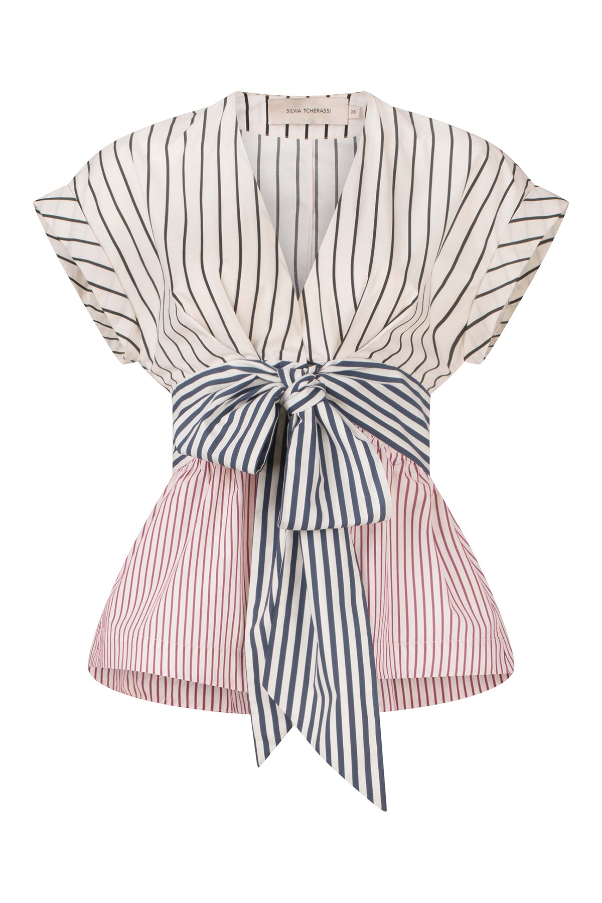 A white and blue striped Elia blouse with a bow, made of cotton fabric.