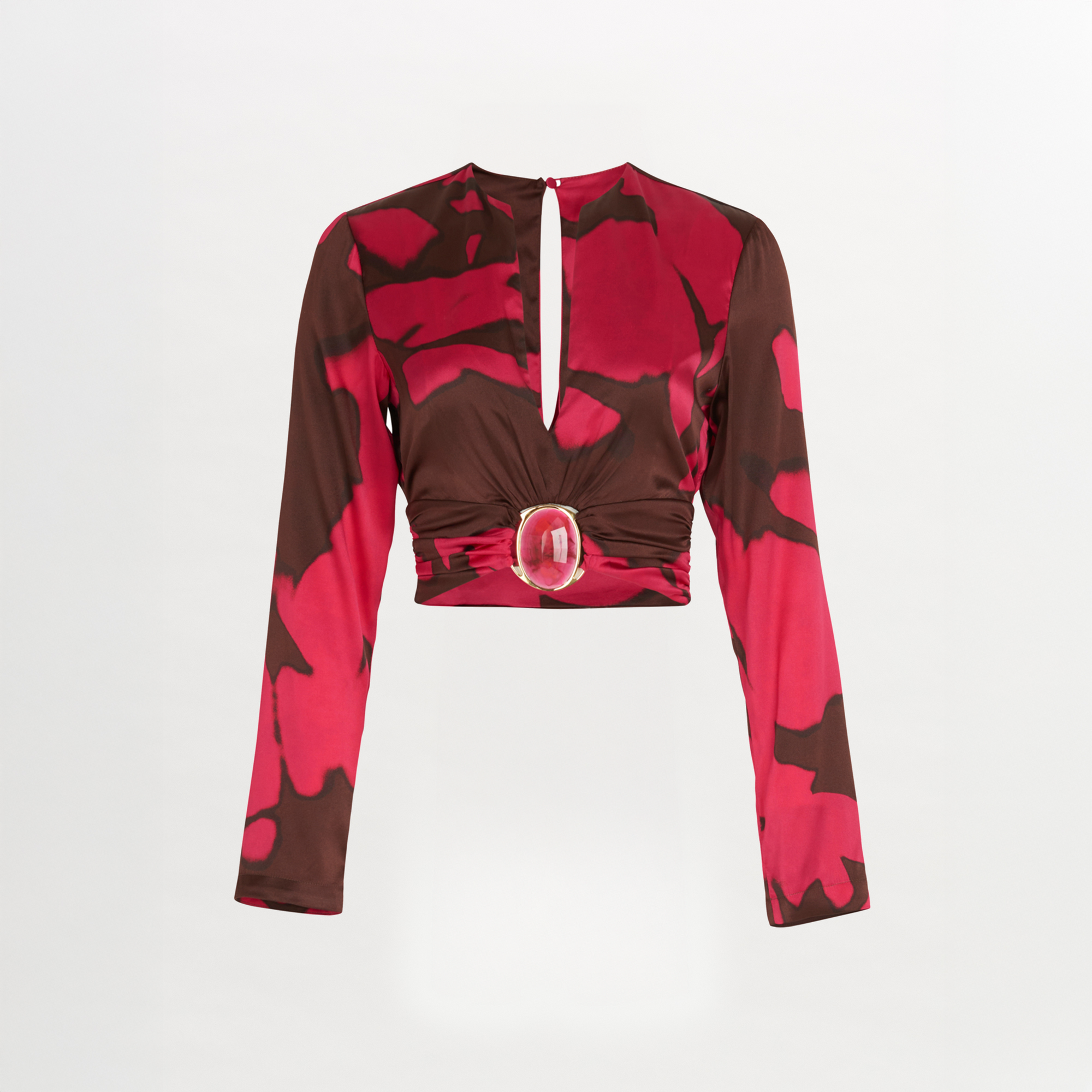 A pink and brown Edith Blouse Fuchsia Cacao with a belt, featuring an Italian resin detail.