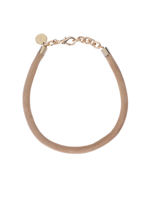 Elara Necklace Gold plated brass mesh bracelet with a clasp, isolated on a white background.