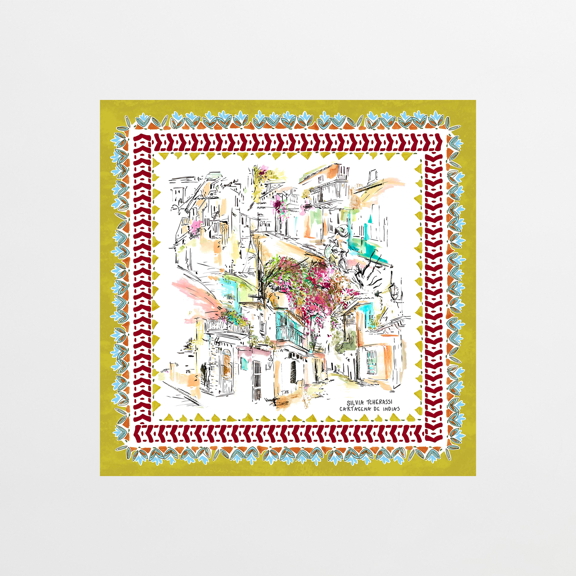 A vibrant, hand-drawn design of a Mediterranean village with flowers and white buildings, framed by an ornate border reflecting the red, blue, and gold patterns of the Callecitas De Cartagena Scarf.