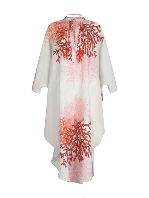 Elea Tunic Multi Coral with red coral pattern, quarter sleeves, and a v-neck, isolated on a white background.