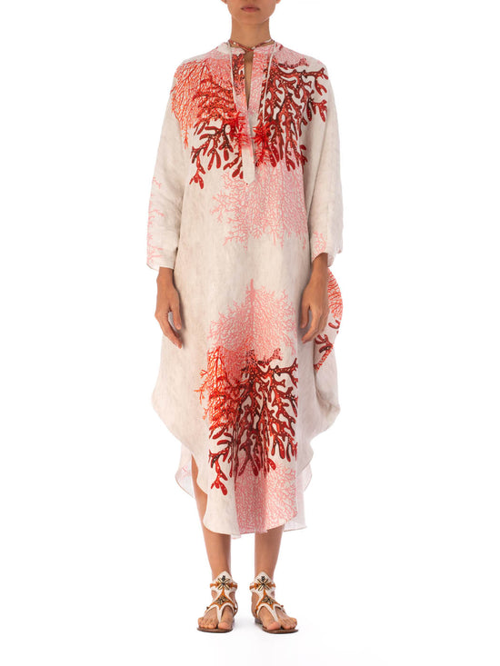 Elea Tunic Multi Coral with red coral pattern, quarter sleeves, and a v-neck, isolated on a white background.