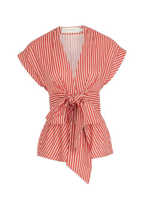 The Elia Blouse Red Willow features a red and white striped design, a deep V-neck, cap sleeves, and a bow tie at the waist, making it perfect for accentuating an hourglass figure.