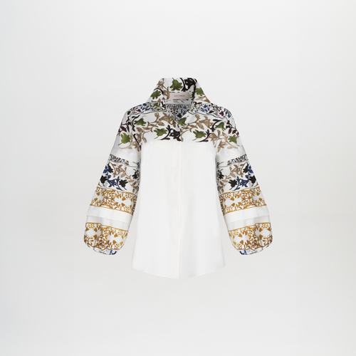 Emille Blouse Multi Sepia Floral with multicolored botanical and bird print on the collar and cuffs, displayed on a plain background.