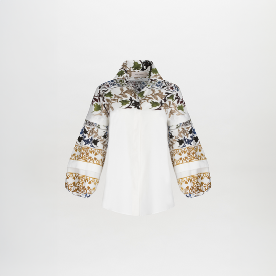 Emille Blouse Multi Sepia Floral with multicolored botanical and bird print on the collar and cuffs, displayed on a plain background.