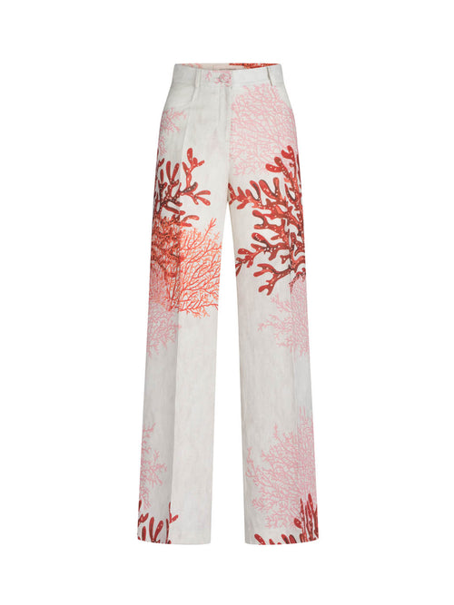 Emine Pant Multi Coral with a red coral print design, isolated on a white background.