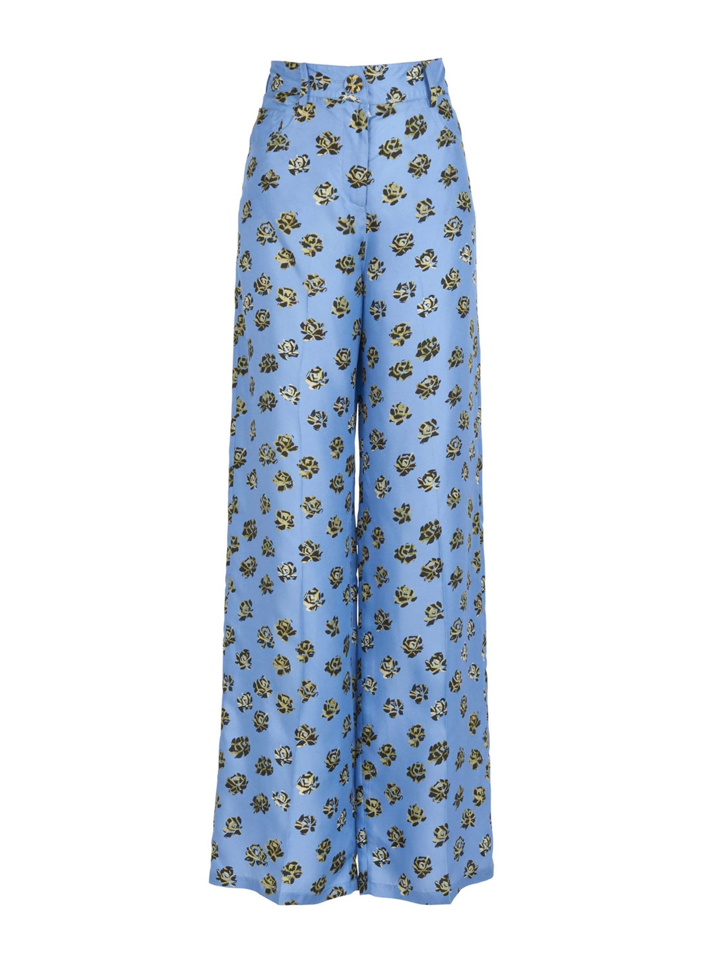 A person is depicted from the back wearing the Emine Pant in periwinkle, a blue floral-patterned outfit with a high collar and long sleeves, featuring wide-legged printed trousers.