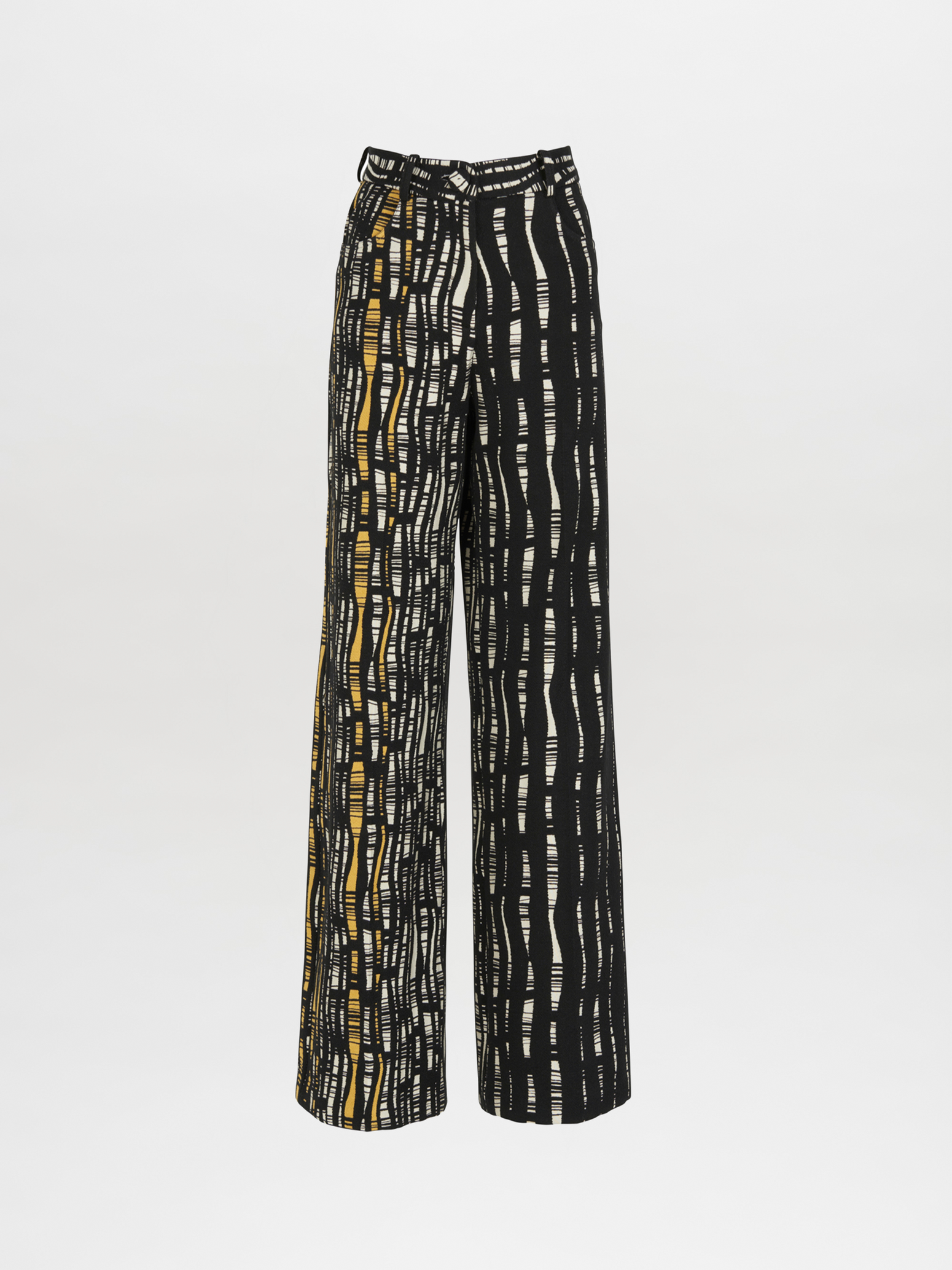 The Emine Pant Black White features a wide-legged cut with vertical black and white stripes and a yellow accent, showcased against a plain white background.