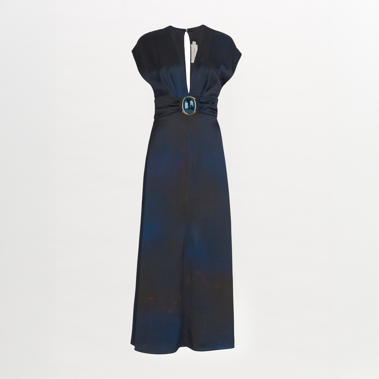 An elegant Emmeline Dress Navy with a buckle on the front.