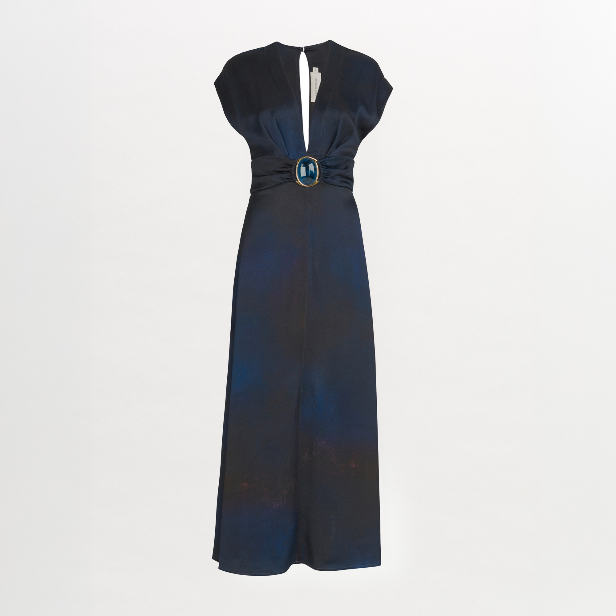 An elegant Emmeline Dress Navy with a buckle on the front.