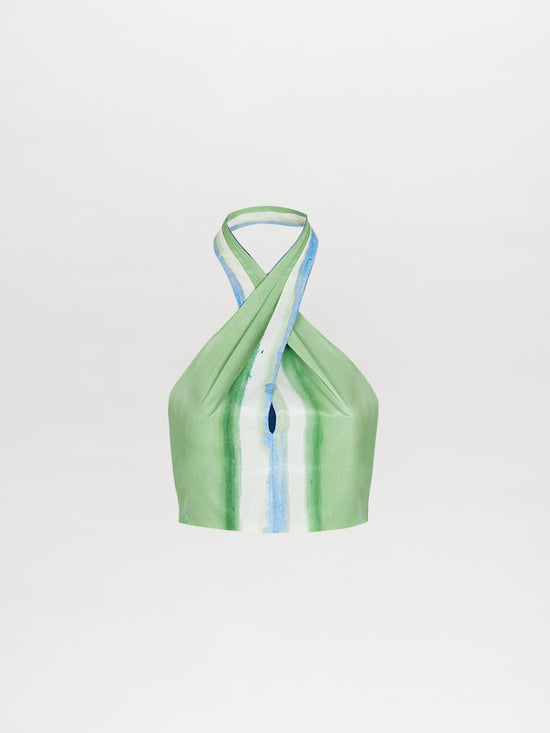 The Eos Top Washed Emerald Blue is a green halter neckline top with white and blue taffeta fabric vertical stripes and a small keyhole design in the center.