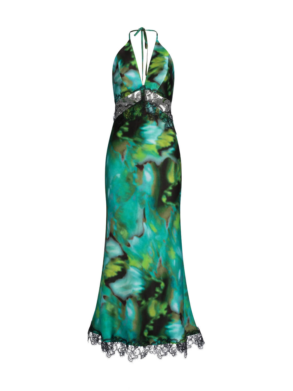 An elegant Eugenia Dress Juniper Green with a vibrant turquoise and green abstract pattern and black lace trim around the neckline and hem.
