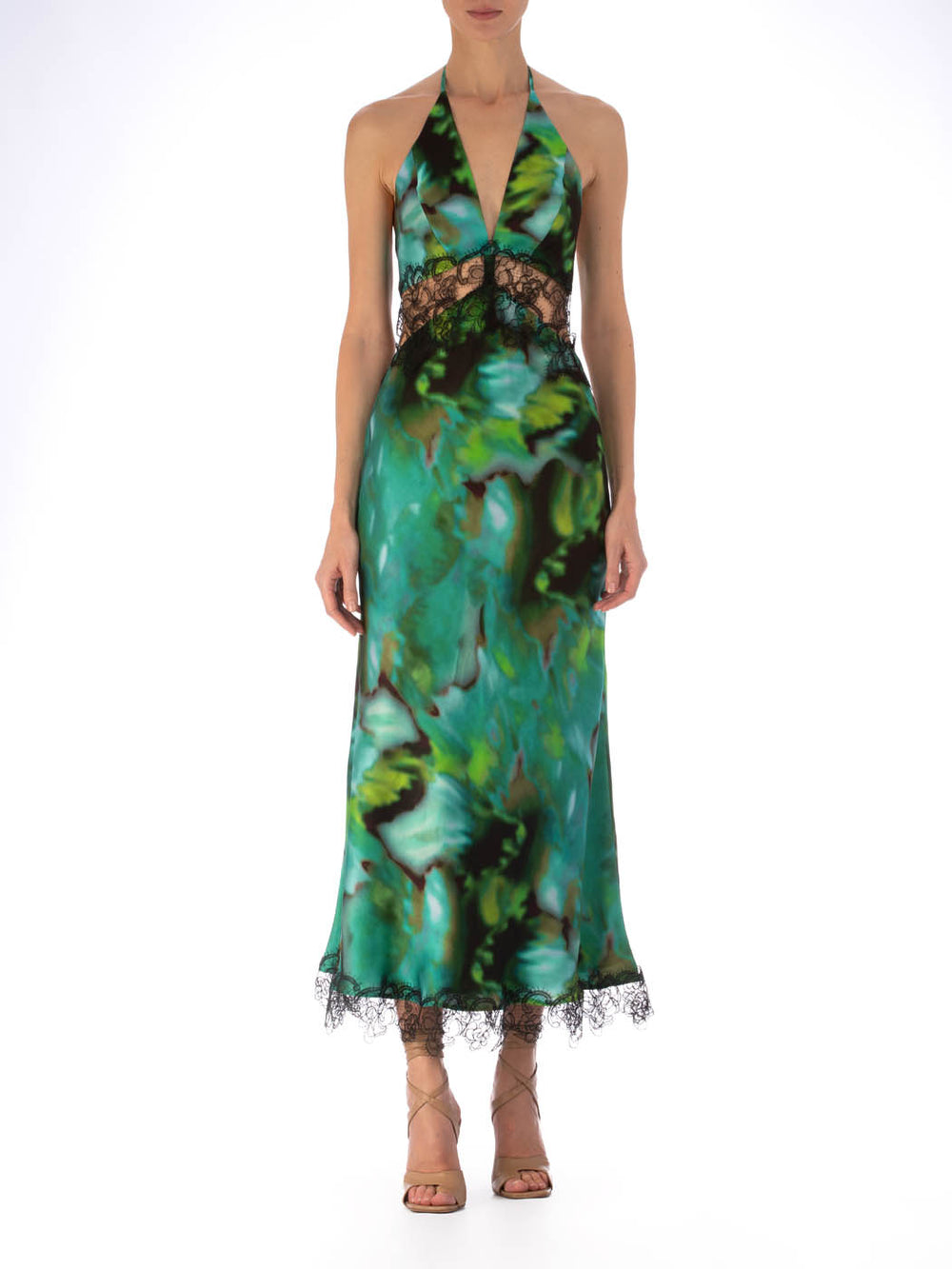 An elegant Eugenia Dress Juniper Green with a vibrant turquoise and green abstract pattern and black lace trim around the neckline and hem.