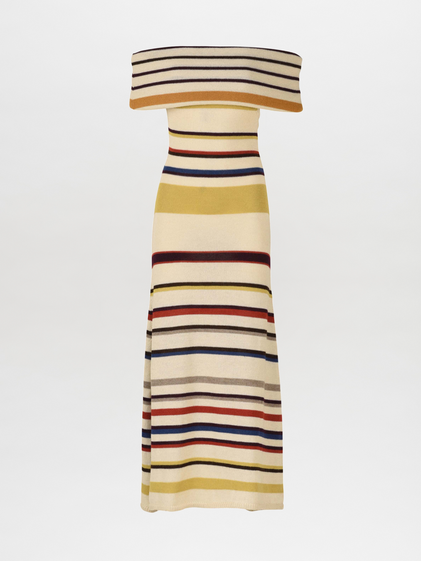 Introducing the Eva Dress Multi Mustard Stripe: a sleeveless, off-the-shoulder marvel crafted from 100% baby alpaca. This form-fitting top flares out slightly at the bottom and features vibrant, multi-colored stripes including yellow, brown, red, and blue.