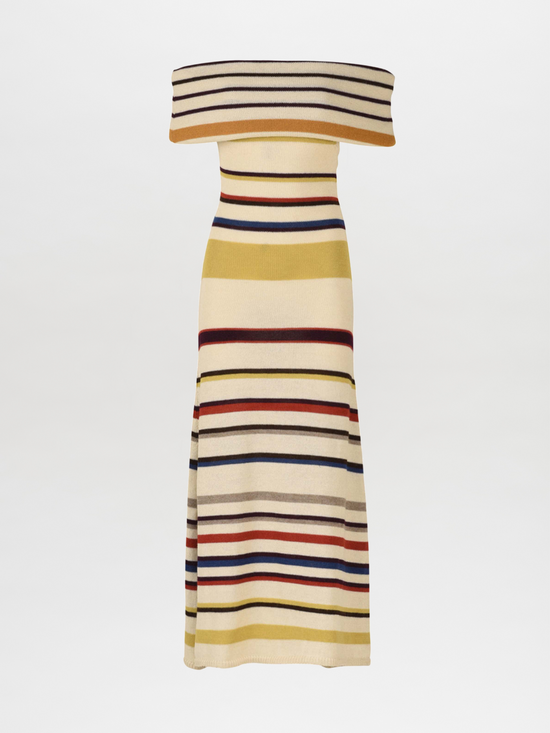 Introducing the Eva Dress Multi Mustard Stripe: a sleeveless, off-the-shoulder marvel crafted from 100% baby alpaca. This form-fitting top flares out slightly at the bottom and features vibrant, multi-colored stripes including yellow, brown, red, and blue.