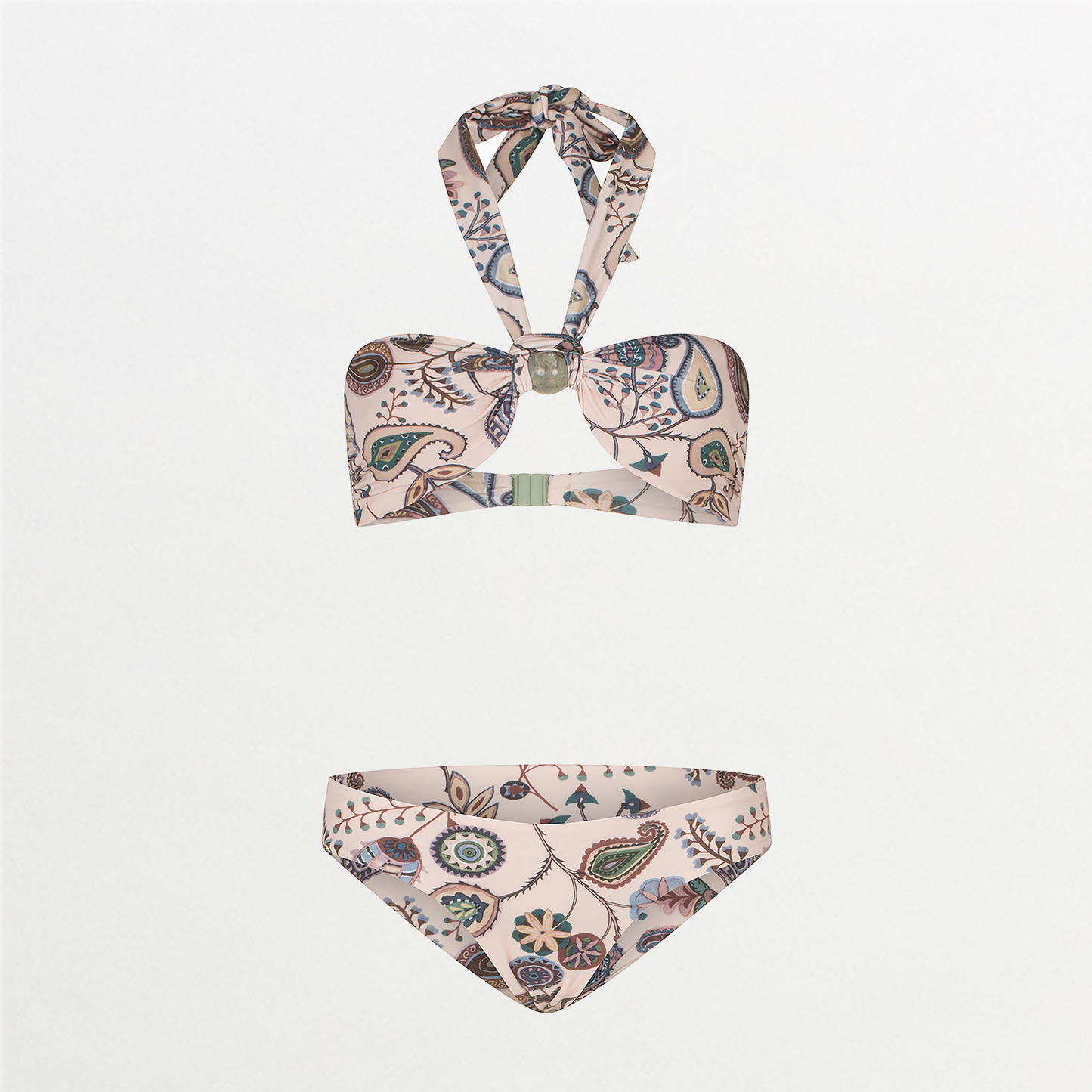 A Valderice Top + Fermina Bikini Bottom Blue Green Paisley bikini set made with lycra fabric for stretchy comfort.