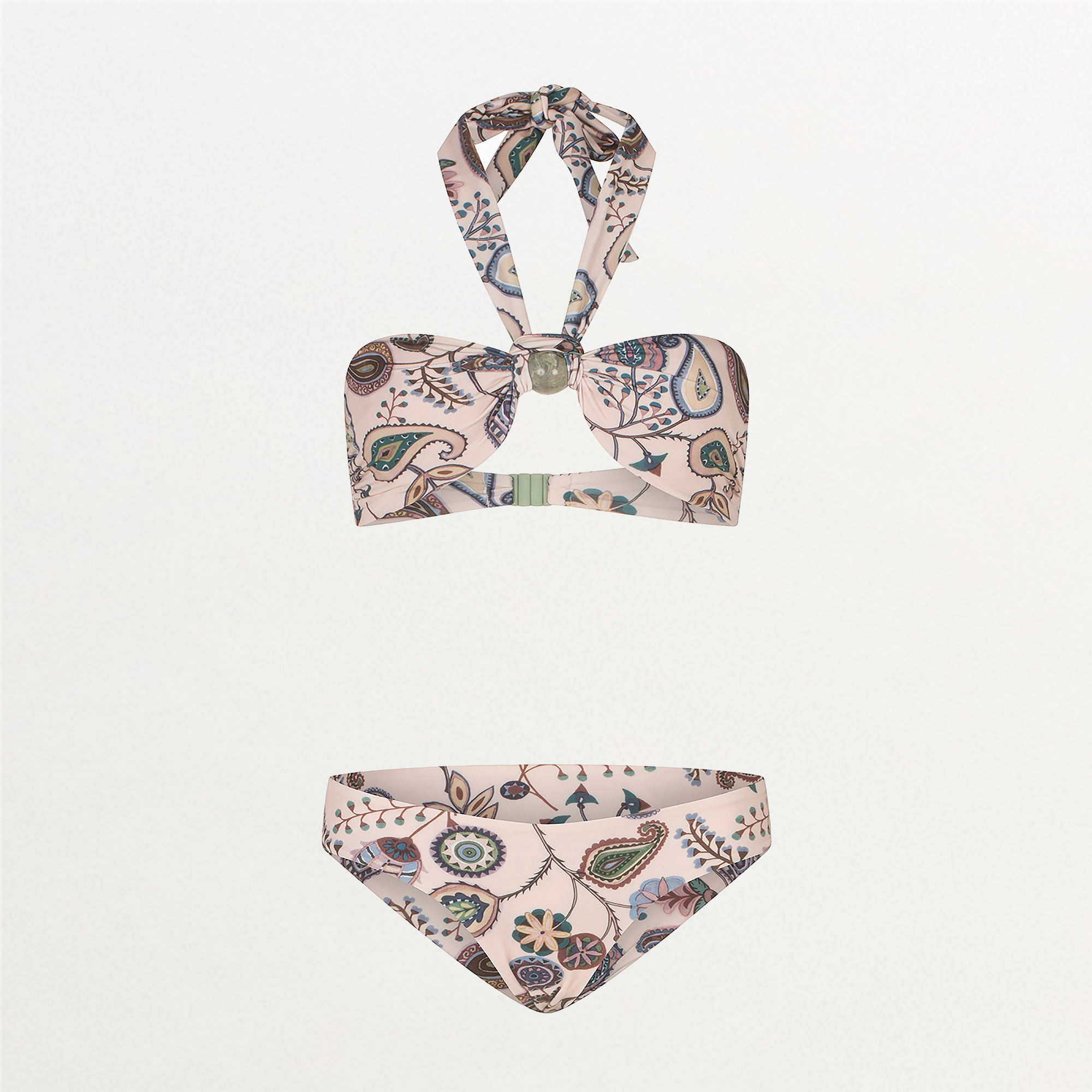 A Valderice Top + Fermina Bikini Bottom Blue Green Paisley bikini set made with lycra fabric for stretchy comfort.