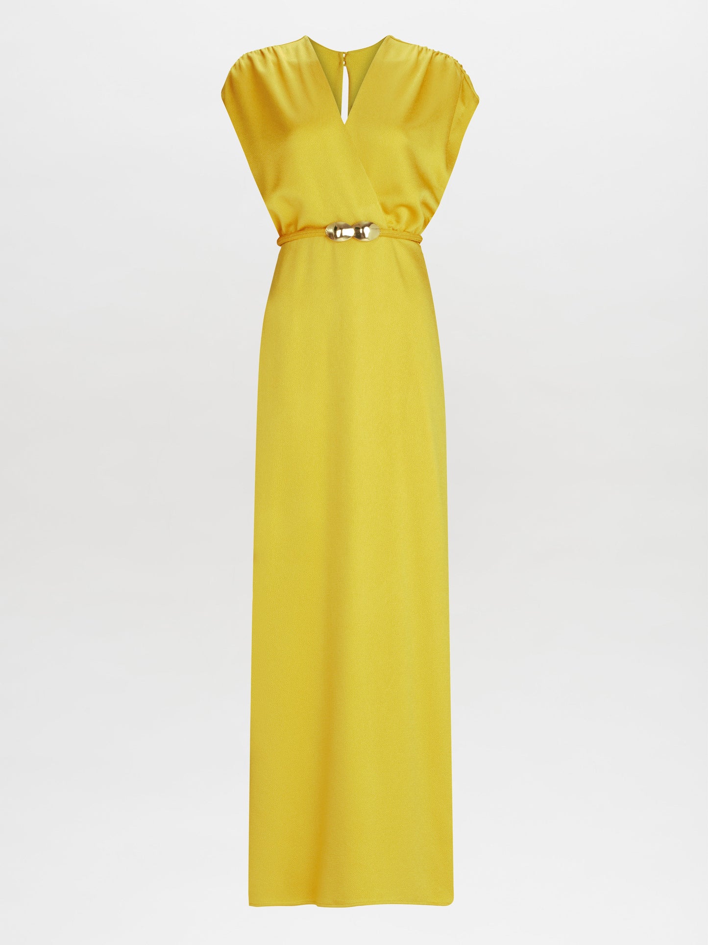 The Freda Dress is a yellow sleeveless gown featuring a V-neck and gathered waist, set against a plain white background.