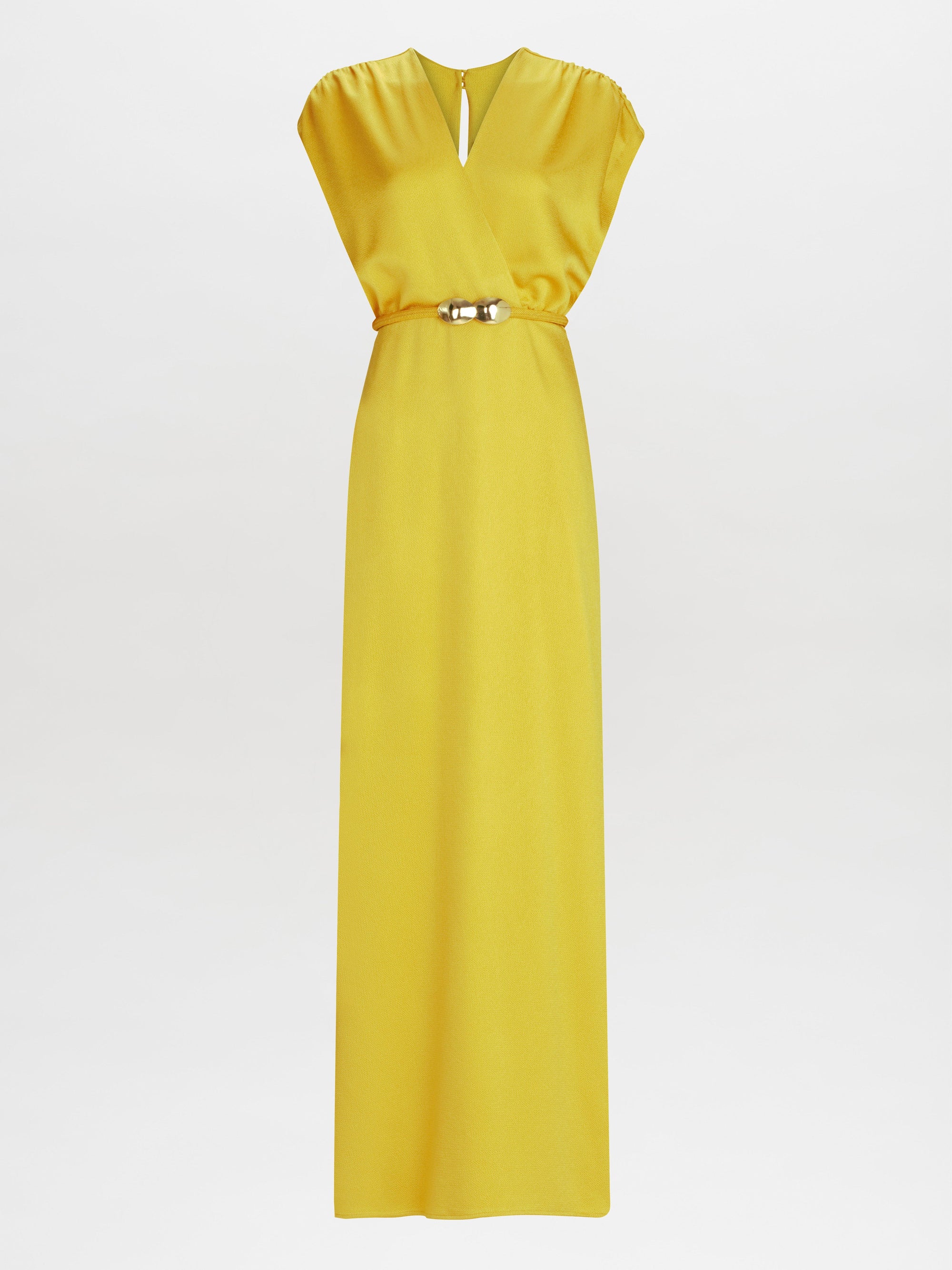 The Freda Dress is a yellow sleeveless gown featuring a V-neck and gathered waist, set against a plain white background.